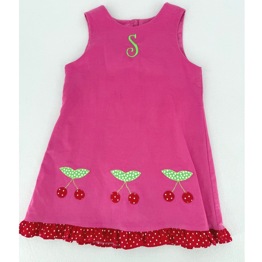 Funtasia Too Corduroy‎ Jumper Dress Kids Size 5 Pink Cherry Monogram S
